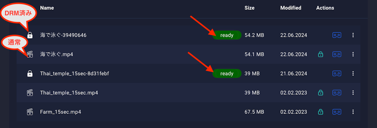 DRM暗号化処理が終わると、緑色のアイコンで「ready（準備完了）」表示となります。