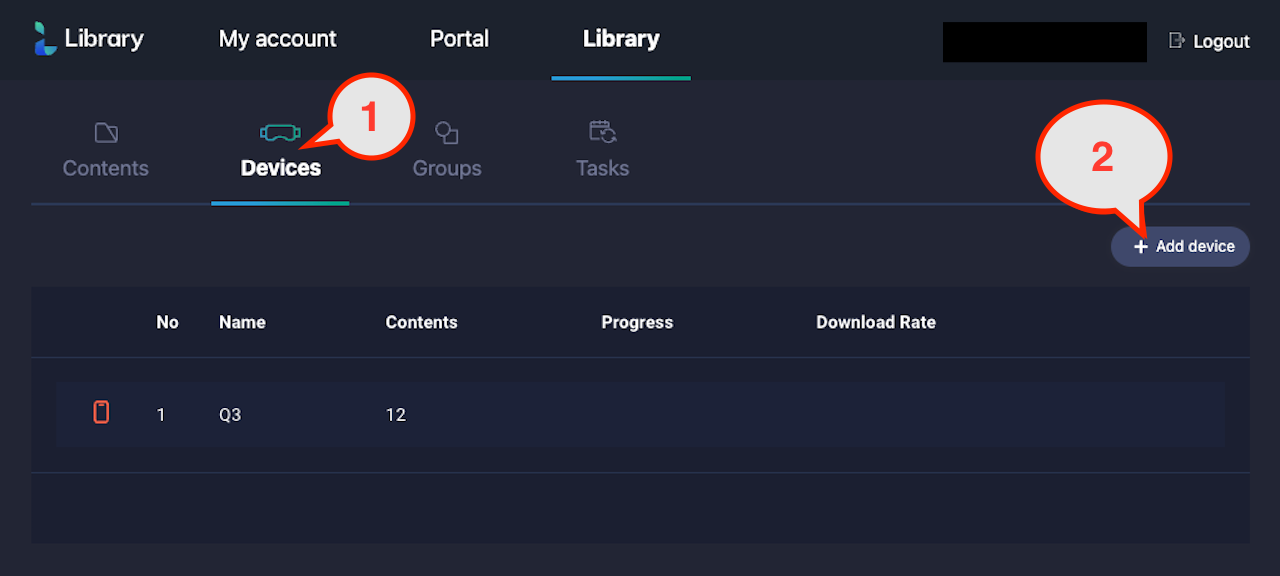 次に、Showtime VRのLibraryページに戻ります。①Devicesタブをクリックし、②「Add device」ボタンをクリックます。