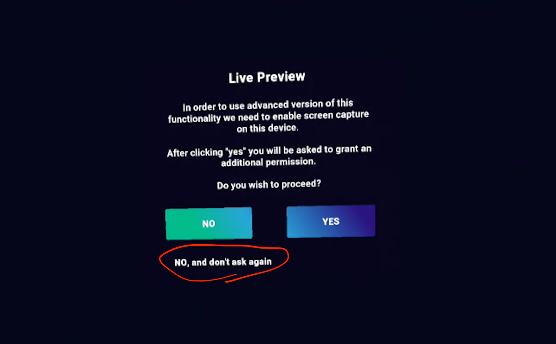 その際には、まず以下のLive Previewに関する許可を尋ねる画面が出た時に「No, and don't ask again(いいえ、二度と尋ねないでください)」をクリックします。
