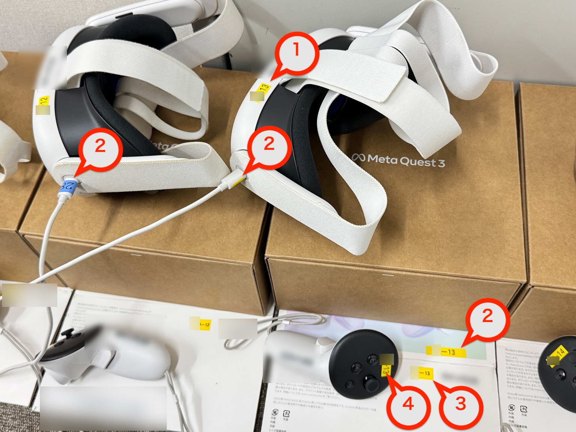 VRヘッドセット(Meta Quest シリーズ( Quest3 , Quest3s, Quest 2))には、必ず個体識別のラベルを丁寧に貼る。
