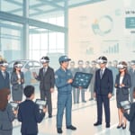 VRヘッドセット一斉再生システム「Showtime VR」で、VRヘッドセットやタブレットPCを使いながら工場見学の様子。