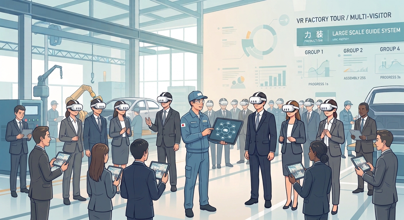 VRヘッドセット一斉再生システム「Showtime VR」で、VRヘッドセットやタブレットPCを使いながら工場見学の様子。