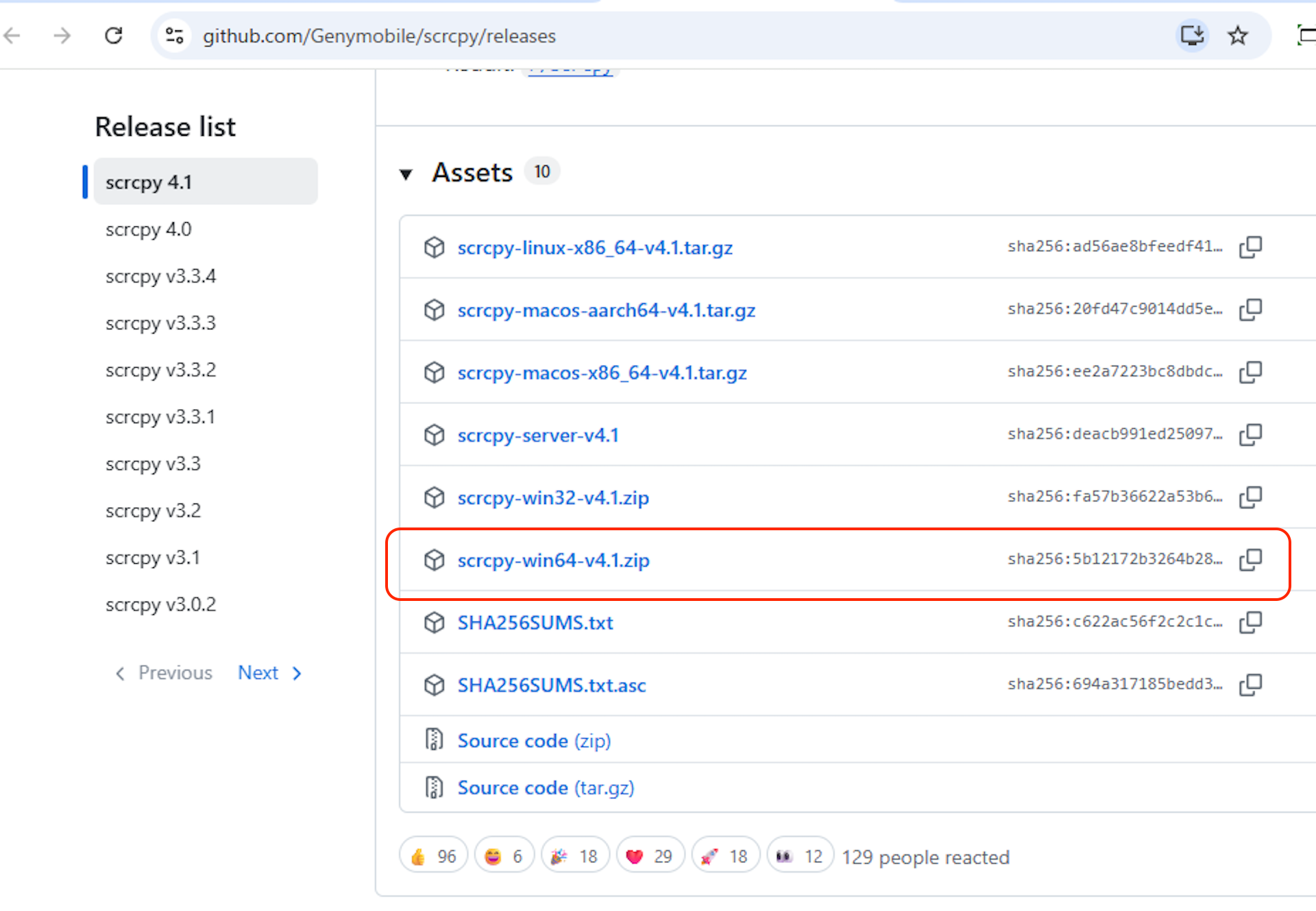 GitHubのscrcpyリリースページ