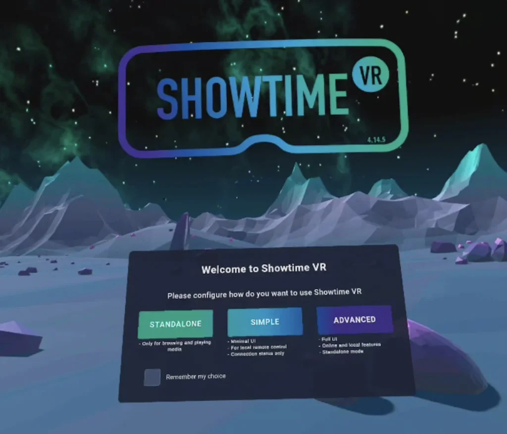 Showtime VRのプレイヤー(再生)アプリの起動画面
