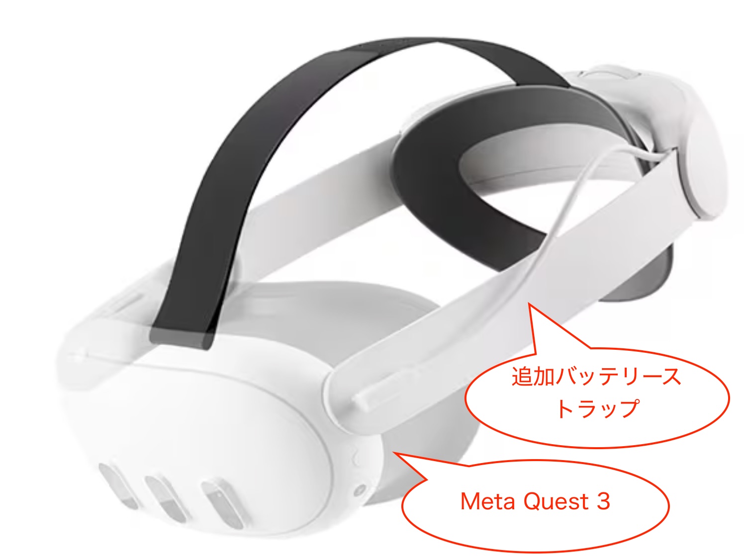 Meta Quest 3にEliteストラップ(バッテリー付き)を取り付けた状態