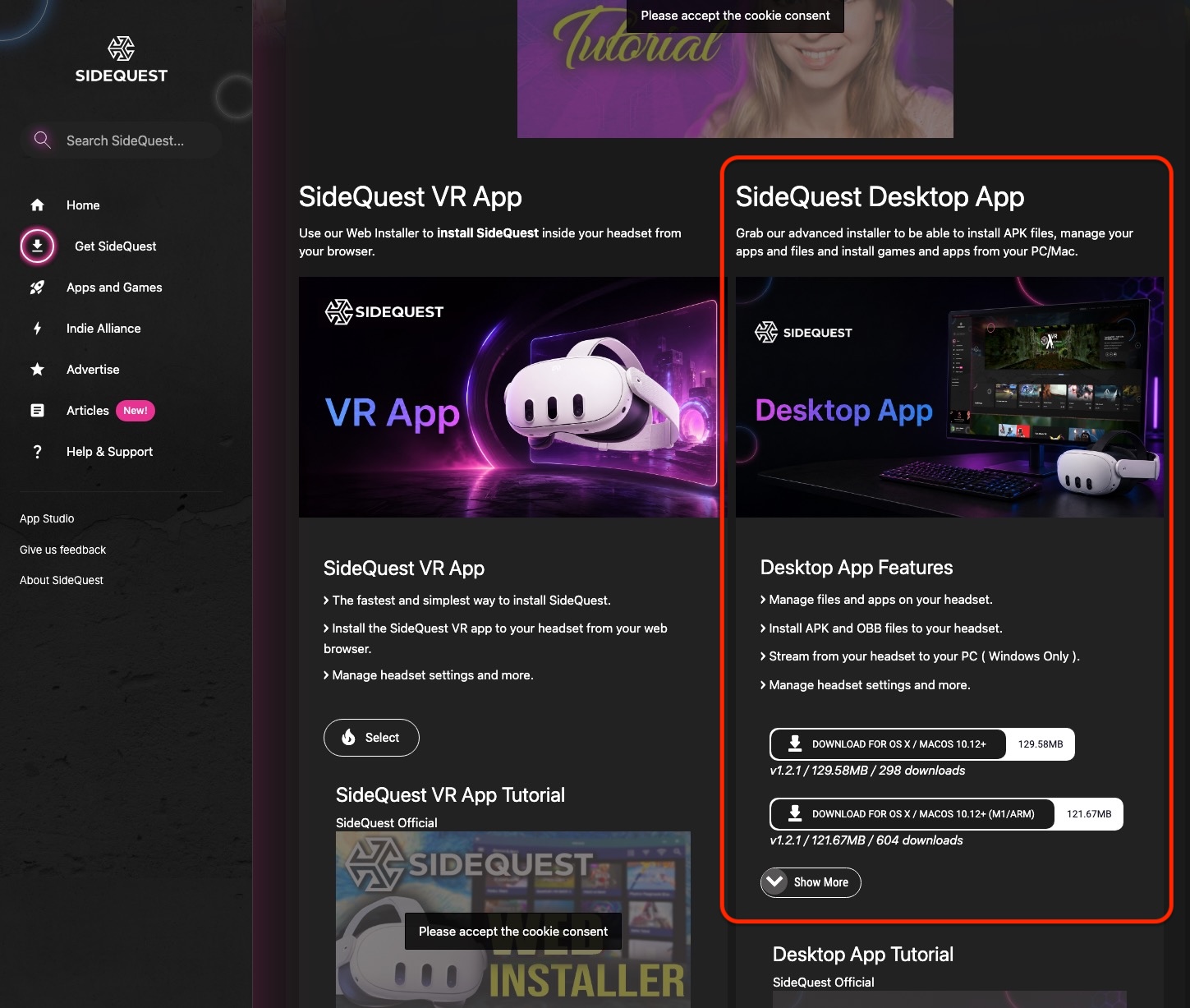 SideQuest Desktop Appの画面（Mac用）