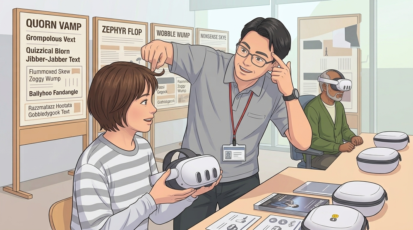 利用者に、前髪をおでこからどかしてヘッドセットを被るようにお願いする現場スタッフ